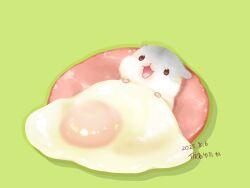  animal animal_focus commentary_request dated egg_(food) food fried_egg green_background ham hamster karikankan no_humans open_mouth original 