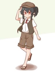  1girl arm_up black_hair black_vest bright_pupils brown_hat brown_sandals brown_shorts closed_mouth collared_shirt commentary_request commission dot_nose flat_cap glasses hat highres leg_up looking_at_viewer mizusoba neck_ribbon newsboy_cap open_clothes open_vest pointy_ears ponytail red-tinted_eyewear red_ribbon ribbon round_eyewear sandals shameimaru_aya shameimaru_aya_(newsboy) shirt short_hair short_sleeves shorts skeb_commission smile solo split_mouth standing standing_on_one_leg tinted_eyewear touhou vest white_pupils white_shirt 