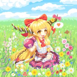  02charaice20 1girl absurdres blonde_hair blue_sky blush bow brown_horns chain clouds commentary_request day flower flower_request gourd hair_bow heart highres holding holding_gourd hollyhock horn_bow horn_flower horn_ornament horns ibuki_suika long_hair looking_at_viewer oni open_mouth outdoors pink_flower pixel_art red_bow red_flower shirt sky smile solo spoken_heart touhou very_long_hair white_flower white_shirt wrist_cuffs yellow_eyes yellow_flower 