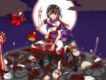  1girl arrow arrow_in_body bald black_hair blood blood_on_face bloody_clothes bloody_weapon blurry bomb corpse depth_of_field doll dress epic_armageddon highres horns injury jizou kijin_seija miracle_mallet multicolored_hair red_eyes redhead short_hair touhou weapon white_hair 