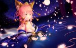  1girl animal_ears breasts caster_(fate/extra) cleavage fate/extra fate_(series) flower fox_ears full_moon hair_ornament highres japanese_clothes kimono moon night orange_eyes pink_hair rimuu sky solo star_(sky) starry_sky torii 