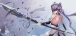  1girl back blindfold bzerox elbow_gloves fluid gloves highres holding_weapon maid maid_headdress original polearm purple_hair shoulder_blades simple_background solo spear twintails weapon 