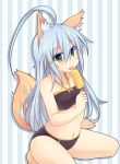 1girl abekawa_mochi animal_ears bikini blue_hair blush commentary_request dog_ears flat_chest green_eyes licking long_hair navel popsicle sitting smile solo swimsuit tail tongue tongue_out 
