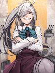  1girl ahoge asashimo_(kantai_collection) bowtie crossed_arms grey_eyes grin hair_over_one_eye hetza_(hellshock) kantai_collection long_hair long_sleeves looking_at_viewer pantyhose school_uniform sharp_teeth silver_hair skirt smile solo 