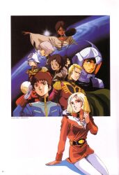  1980s_(style) 3boys 3girls amuro_ray belt bindi blonde_hair bright_noa brown_hair char's_counterattack char_aznable combat_helmet dark_skin dual_persona earth_(planet) earth_federation epaulettes eye_mask gundam haro helmet highres indian lalah_sune looking_at_viewer magazine_scan mecha_pilot_suit mikimoto_haruhiko military_uniform mirai_yashima mobile_suit_gundam multiple_boys multiple_girls neo_zeon non-humanoid_robot official_art pet planet promotional_art retro_artstyle robot salute sayla_mass scan science_fiction signature sitting traditional_media zeon 