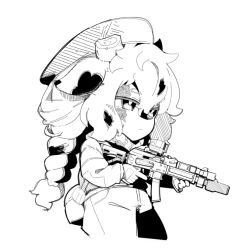  1girl animal_ears braid broken_horn chibi closed_mouth commentary_request gloves greyscale gun hair_between_eyes hat holding holding_gun holding_weapon horns jacket long_hair long_sleeves monochrome original pants puffy_long_sleeves puffy_sleeves simple_background solo very_long_hair warashi weapon weapon_request white_background 