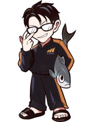  animal anime_coloring black-framed_eyewear black_eyes black_hair black_jacket black_pants black_sandals black_sleeve_cuffs black_sleeves closed_mouth collared_jacket crazy_raccoon eyes_over_blush facing_viewer fingernails fish fish_request flip-flops frown full_body glasses grin hair_intakes holding holding_animal holding_fish jacket kazunoko_(crazy_racoon) legs_apart official_art opaque_glasses pants parted_bangs print_jacket puppeteer7777 round_collar sandals second-party_source sleeve_cuffs smile solo standing striped_clothes striped_pants striped_sleeves sweatpants tachi-e teeth text_print thick_lineart toenails toes track_jacket track_pants track_suit transparent_background vertical-striped_clothes vertical-striped_pants vertical-striped_sleeves 