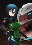  1girl bangs blue_hair breasts covered_navel fortified_suit glasses hair_bun head_tilt highres hiwa_industry komaki_sayoko looking_at_viewer medium_breasts muvluv muvluv_alternative muvluv_unlimited:_the_day_after open_hands parted_bangs pilot_suit science_fiction skin_tight solo tactical_surface_fighter type_94_shiranui v-shaped_eyebrows visor 