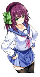 >:( 1girl angel_beats! black_hairband black_thighhighs blue_skirt blunt_bangs blush bow closed_mouth collarbone commentary cropped_legs frown green_bow hair_bow hairband hands_on_own_hips highres long_sleeves looking_at_viewer medium_hair miniskirt nakamura_yuri neckerchief pink_neckerchief pleated_skirt purple_hair shinda_sekai_sensen_uniform shirt simple_background skirt solo split_mouth straight_hair thigh-highs v-shaped_eyebrows white_background white_shirt zenoo zettai_ryouiki 