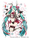  1girl alternate_costume animal_ears aqua_eyes aqua_hair bow breasts buzz cocktail_glass cup detached_sleeves drinking_glass gloves hair_ribbon hatsune_miku heart long_hair magician_wiz_(game) navel open_mouth panties rabbit_ears ribbon solo star tattoo twintails underwear very_long_hair vocaloid white_background 