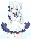  1girl alternate_costume animal_ears apron blue_eyes cat_ears cat_tail enmaided frills hair_ornament hair_ribbon heart heart-shaped_pupils hibiki_(kantai_collection) kantai_collection kemonomimi_mode long_hair maid maid_headdress rateratte ribbon short_sleeves silver_hair simple_background skirt skirt_lift solo symbol-shaped_pupils tail white_background 