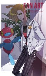  1boy absurdres ahoge blonde_hair closed_mouth commentary_request ear_piercing gladion_(academy)_(pokemon) gladion_(pokemon) green_eyes grey_jacket hair_over_one_eye hands_in_pockets highres indoors jacket jewelry long_sleeves male_focus mugiccha2 necklace official_alternate_costume open_clothes open_jacket pants piercing pokemon pokemon_(creature) pokemon_masters_ex porygon-z shadow shirt short_hair standing striped_clothes striped_shirt tile_floor tiles watermark 