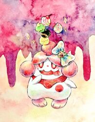  blue_bow bow cherry colored_pencil_(medium) fangs food fruit full_body no_humans non_(kumakawayusu) open_mouth painting_(medium) poke_puff pokemon pokemon_(creature) red_eyes slurpuff solo sparkle standing tongue tongue_out traditional_media watercolor_(medium) 