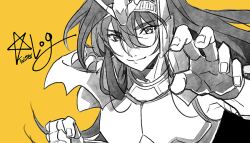  1boy armor dragon_shiryuu fighting_stance greyscale hands_up kinako_(462) long_hair looking_at_viewer male_focus monochrome pauldrons saint_seiya shoulder_armor smile solo upper_body 