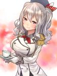  1girl baffu beret blue_eyes blush breasts buttons cup epaulettes gloves hat highres jacket kantai_collection kashima_(kantai_collection) kerchief large_breasts long_hair looking_at_viewer military military_uniform pink_eyes sidelocks silver_hair skirt smile solo teacup tsurime twintails uniform wavy_hair white_gloves 