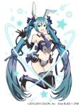  1girl alternate_costume animal_ears aqua_eyes aqua_hair bow breasts buzz copyright_name detached_sleeves gloves hair_ribbon hatsune_miku jumping long_hair looking_at_viewer magician_wiz_(game) navel necktie panties rabbit_ears ribbon solo star twintails underwear v very_long_hair vocaloid white_background 