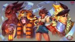  ajna_(indivisible) bike_shorts bracelet brown_hair commentary dark_skin highres indivisible jewelry razmi_(indivisible) short_hair siga4bdn tiger_pelt tungar zebei_(indivisible) 