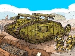  battlefield bolt_action brodie_helmet cannon caterpillar_tracks combat_helmet gun handgun hat helmet highres holding holding_gun holding_weapon lee-enfield mark_v_tank peaked_cap revolver rifle trench weapon webley_revolver yabarn 