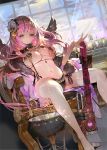  1girl adjustable_wrench breasts character_request dahl-lange highres large_breasts long_hair looking_at_viewer navel pink_eyes pink_hair qurare_magic_library sitting solo sunlight thigh-highs thighs white_legwear 