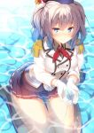  1girl blue_eyes gloves hat kaname_024 kantai_collection kashima_(kantai_collection) partially_submerged silver_hair skirt smile solo twintails uniform water wavy_hair 