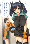  2girls aaru_(tenrake_chaya) alternate_costume blue_hair blush breasts brown_hair buttons garter_straps gloves hair_ribbon highres hiryuu_(kantai_collection) japanese_clothes kantai_collection large_breasts long_hair long_sleeves multiple_girls open_mouth orange_gloves ribbon short_hair short_sleeves side_ponytail skirt souryuu_(kantai_collection) thigh-highs translation_request twintails 