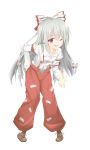  1girl ;d bending_forward bent_over boots bow collared_shirt commentary flame fujiwara_no_mokou full_body hair_bow highres large_bow long_hair looking_at_viewer nise_(__nise6__) one_eye_closed open_mouth pants red_eyes shirt silver_hair small_breasts smile solo suspenders touhou very_long_hair 