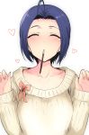  1girl ^_^ ahoge blue_hair blush bow breasts closed_eyes collarbone earrings food_in_mouth heart highres idolmaster jewelry large_breasts long_sleeves miura_azusa mouth_hold nail_polish pocky short_hair simple_background smile solo sweater tsurui upper_body white_background 