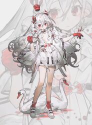  1girl absurdres bird colored_extremities demon_horns dress flower full_body gloves goose hair_ornament halo happybiirthd hat highres horns long_hair looking_at_viewer original red_eyes red_gloves red_halo red_hands red_horns sample_watermark simple_background solo standing tagme watermark white_dress white_flower white_hair 