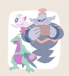  alternate_color bag black_sclera blue_eyes brown_bag celebi colored_sclera colored_skin dusknoir floating full_body green_skin highres holding leaf looking_at_another looking_at_map no_humans open_mouth pink_skin pointing pokemon pokemon_(creature) rokkoron sceptile shiny_pokemon shoulder_bag standing yellow_eyes yellow_sclera 