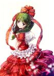  1girl absurdres blush boots bow closed_mouth dress frilled_skirt frills front_ponytail green_eyes green_hair hair_bow hair_ornament hair_ribbon highres kagiyama_hina long_hair looking_back puffy_short_sleeves puffy_sleeves red_bow red_dress ribbon short_sleeves simple_background skirt smile solo text touhou traditional_media watercolor_(medium) weifugu white_background 