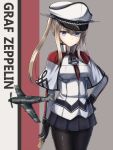  1girl airplane bf_109 black_legwear blonde_hair breasts brown_gloves capelet character_name cowboy_shot cross gloves graf_zeppelin_(kantai_collection) grey_eyes hair_between_eyes hand_on_hip hat highres impossible_clothes jacket kantai_collection large_breasts light_smile looking_at_viewer military military_uniform miniskirt necktie pale_skin pantyhose peaked_cap rabochicken remodel_(kantai_collection) sidelocks skirt solo twintails uniform 