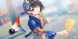  1girl ;d black_hair blue_feathers blue_flower blue_kimono blue_reflection_(series) blue_reflection_sun blurry blurry_background breasts brown_eyes day dutch_angle feathers floral_print floral_print_kimono flower game_cg hagoita hair_flower hair_ornament hane_(hanetsuki) hanetsuki highres holding holding_paddle japanese_clothes jewelry kimono kishida_mel lens_flare looking_at_viewer medium_breasts new_year non-web_source official_art one_eye_closed open_mouth outdoors paddle playing_games print_kimono purple_flower red_feathers ring shirai_hinako short_hair smile solo upper_body 