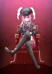  1girl :3 absurdres adapted_costume alison_(alison_air_lines) animal_ears black_legwear boots crescent crossed_legs extra_ears gloves hat highres knee_boots long_hair long_sleeves looking_at_viewer military military_hat military_uniform nazi pink_hair rabbit_ears reisen_udongein_inaba sitting solo thigh-highs touhou uniform very_long_hair white_gloves zettai_ryouiki 