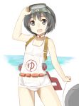  1girl beach black_eyes black_hair diving_mask_on_head kantai_collection maru-yu_(kantai_collection) ocean open_mouth school_swimsuit short_hair smile solo swimsuit taishi_(moriverine) white_school_swimsuit white_swimsuit 