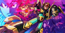 arm_cannon armor black_armor black_helmet colored_sclera cowboy_shot euphythefox forehead_jewel helmet highres male_focus mega_man_(series) mega_man_x_(series) red_sclera solo_focus weapon yellow_eyes 
