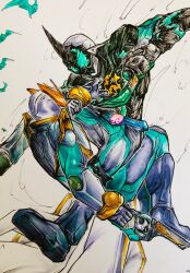  2boys aqua_eyes armor bat_(animal) bat_genome black_armor blue_eyes bodysuit boots evilblade gloves glowing gun helmet highres holding holding_weapon horns kamen_rider kamen_rider_evil kamen_rider_live kamen_rider_revice livegun looking_at_viewer male_focus multiple_boys rat0116ebi rider_belt silver_gloves simple_background single_horn splatter splatter_print sword tokusatsu two_sidriver vistamp weapon white_armor white_background wings 