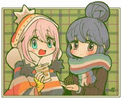  beanie hair_bun hat kagamihara_nadeshiko morinaga_ayami multicolored_scarf nissin_cup_noodle pinecone pink_hair scarf shima_rin single_hair_bun winter_clothes woollen_cap yurucamp 