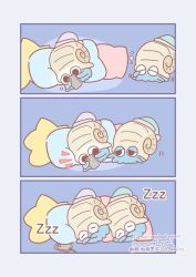  asakoline closed_eyes closed_mouth hat highres holding holding_phone nightcap no_humans omanyte phone pillow pokemon pokemon_(creature) pokemon_focus shell simple_background sleeping 
