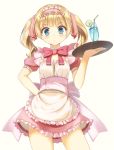  1girl apron arm_behind_back blonde_hair blue_eyes blush bow bowtie buttons cowboy_shot dress drink drinking_straw female food frills fruit holding ice_cube lime_(fruit) looking_at_viewer maid maid_headdress original pink_dress puffy_short_sleeves puffy_sleeves red_bowtie short_hair short_sleeves simple_background solo sora46 two_side_up yellow_background 