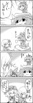  3girls 4koma =d ^_^ aki_minoriko aki_shizuha autumn_leaves chibi_on_head cirno closed_eyes comic commentary crossed_arms flat_gaze hair_ornament hat highres ice ice_wings leaf_hair_ornament letty_whiterock minigirl mob_cap monochrome multiple_girls open_mouth scarf siblings sisters sitting smile tani_takeshi touhou translated wariza wings yukkuri_shiteitte_ne |_| 