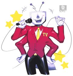 1boy 2025 2d abdomen_tail ant_tenna ant_tenna_(beta_design) bad_id bad_tumblr_id black_pants cropped_legs crt deltarune digital_media eliasvrk extra_arms fangs gloves hands_on_own_hips holding holding_microphone humanoid humanoid_robot male male_focus male_only microphone necktie no_eyes object_head open_mouth pants pointy_nose red_suit robot robot_boy shoes simple_background solo star_(symbol) suit tail tailcoat television utdr_(toby_fox) white_background white_gloves wire yellow_necktie yellow_shoes