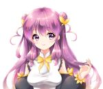  1girl bangs blush bow chinese_clothes closed_mouth detached_sleeves double_bun eyebrows eyebrows_visible_through_hair hair_between_eyes hair_ornament holding_hair jian_(sezuru) long_hair looking_to_the_side purple_hair ranma_1/2 ribbon shampoo_(ranma_1/2) sidelocks simple_background smile solo spread_fingers upper_body violet_eyes white_background yellow_bow yellow_ribbon 