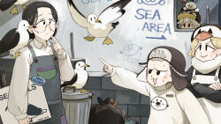  1boy 3girls absurdres accusations apron bird black_hair black_shirt blonde_hair constricted_pupils diva_(hyxpk) donut_stamp duck english_commentary glasses grey_apron grey_hair hat highres mouse_(animal) multiple_girls overalls penguin_hat penguin_keeper_(diva) pigeon pointing pointing_at_another puffin_keeper_(diva) round_eyewear scarf sea_otter_keeper_(diva) seagull shirt sweat trash_bag trash_can urban_area_keeper_(diva) white_overalls white_scarf white_shirt zoo zookeeper zookeepers_(diva) 
