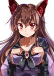  1girl animal_ears breasts brooch brown_eyes brown_hair collarbone e.o. hands_on_own_chest imaizumi_kagerou jewelry large_breasts long_sleeves looking_at_viewer smile solo touhou upper_body wide_sleeves wolf_ears 