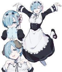  1girl :d aaaaau_2025 animal_ears arms_up black_shoes blue_eyes blue_hair blue_mittens breasts closed_eyes commentary_request cropped_legs dog_ears hair_ornament hair_over_one_eye highres leg_up long_sleeves looking_at_viewer maid_headdress mittens open_mouth re:zero_kara_hajimeru_isekai_seikatsu rem_(re:zero) roswaal_mansion_maid_uniform shoes simple_background smile white_background x_hair_ornament 