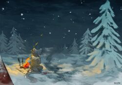  absurdres animal_ears animal_feet campfire deviidog0 english_commentary fire fish full_body fur-tipped_tail grey_hair highres jacket monster_boy original outdoors pine_tree seiza short_hair sitting skewer snow snowing solo tail tent tree 