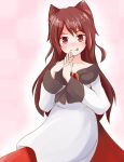  1girl amboina animal_ears blush brooch brown_hair collarbone dress highres imaizumi_kagerou jewelry long_hair long_sleeves looking_at_viewer red_eyes smile solo tongue tongue_out touhou wide_sleeves wolf_ears 
