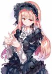  1girl black_dress breasts dress fingernails frilled_dress frills hair_ribbon hairband hands_together interlocked_fingers kiyoichi_(acacia_soukyoukai) lolita_fashion lolita_hairband long_hair orange_eyes pink_hair ribbon simple_background smile white_background 