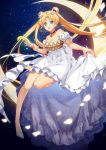  1girl bare_shoulders bishoujo_senshi_sailor_moon blonde_hair blue_eyes bow bracelet choker crescent crescent_moon double_bun dress facial_mark forehead_mark frills full_body hair_ornament hairpin jewelry long_hair moon moon_stick nemovo princess_serenity shoes smile solo tsukino_usagi twintails wand white_bow white_dress white_shoes 