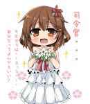  1girl blush brown_eyes brown_hair commentary_request dress fang flower hair_ornament hairclip ikazuchi_(kantai_collection) kantai_collection looking_at_viewer open_mouth oshiruko_(uminekotei) short_hair smile translated wedding_dress 